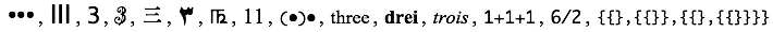 A spectrum of ways to write “3”, from iconic tallies to symbolic set notation.